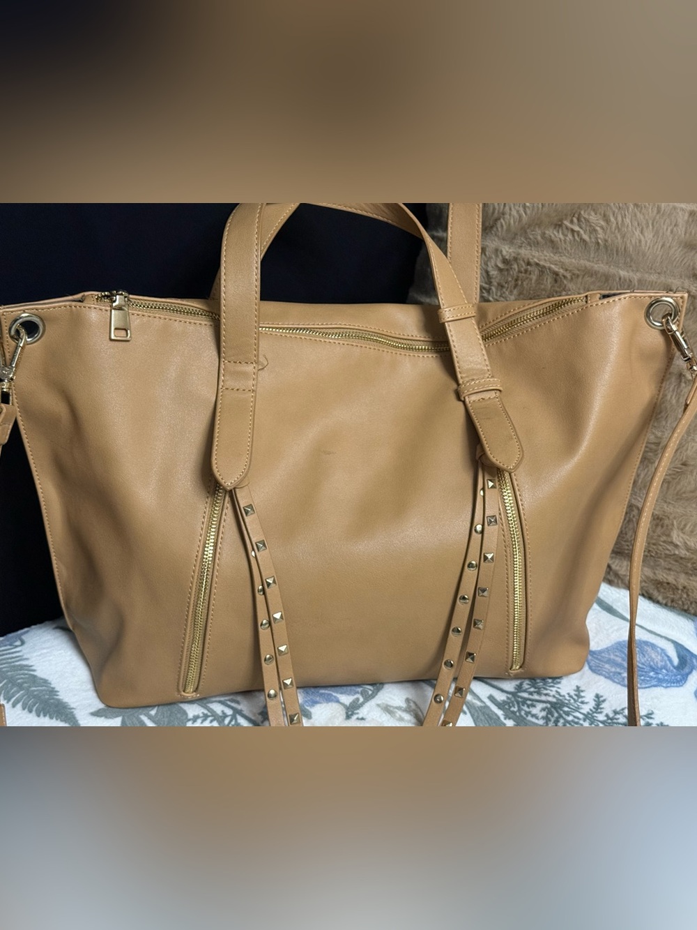 Steve Madden Tan Studded Tassel Tote – Large Boho Shoulder Bag - Picture 3 of 7